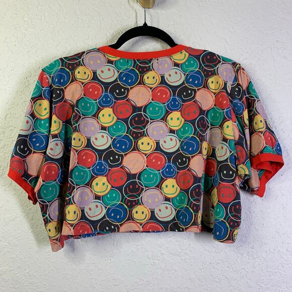 GLASSWORKS LONDON Large Tee Smiley Face Cropped Crew Neck Oversized Artsy Cotton - Picture 3 of 10